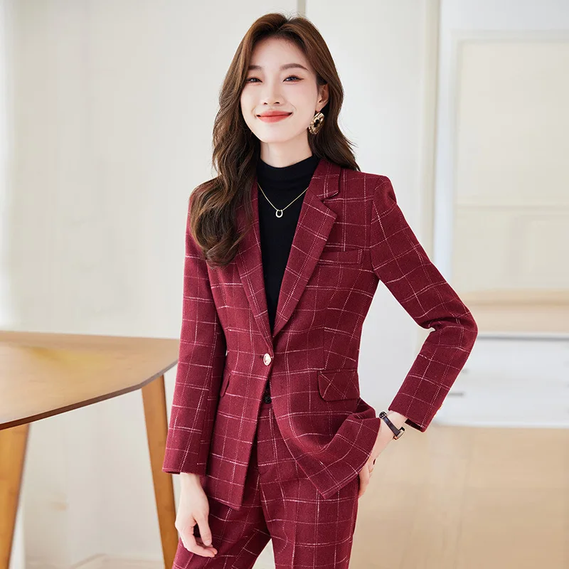 

IZICFLY New Autumn Winter Slim Plaid Uniform Designs Two Piece Sets For Women Elegant Business Blazer and Trouser Suit Red