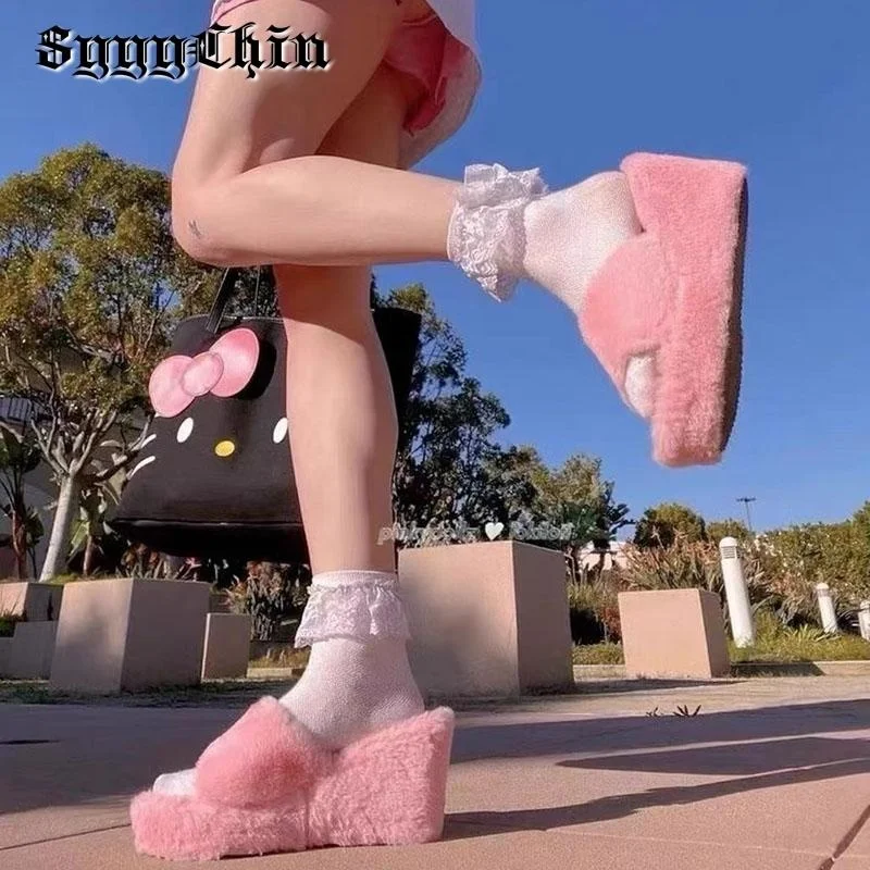 

Autumn New Women Slippers Ladies Platform Wedge High Heel Plush Pumps Female Fashion Harajuku Cute Peep Toe Faux Fur Mujer Shoes