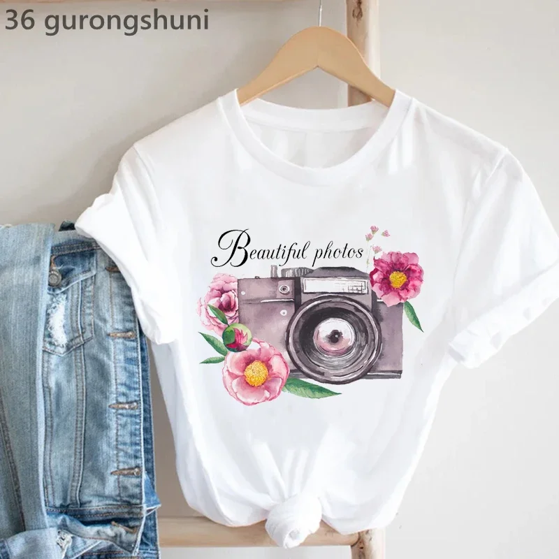 Vintage T-Shirt Women Camera Bird Tshirt Femme Summer Fashion Short Sleeve T Shirt Female Casual Hipster Tshirt Female Tops