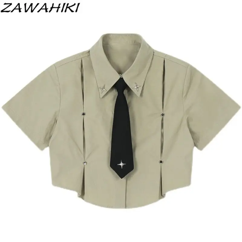 

American Retro Fashion Short Sleeve Solid Color Turn-down Collar Women Shirt Chic Designed Summer Pleated Breasted Preppy Top