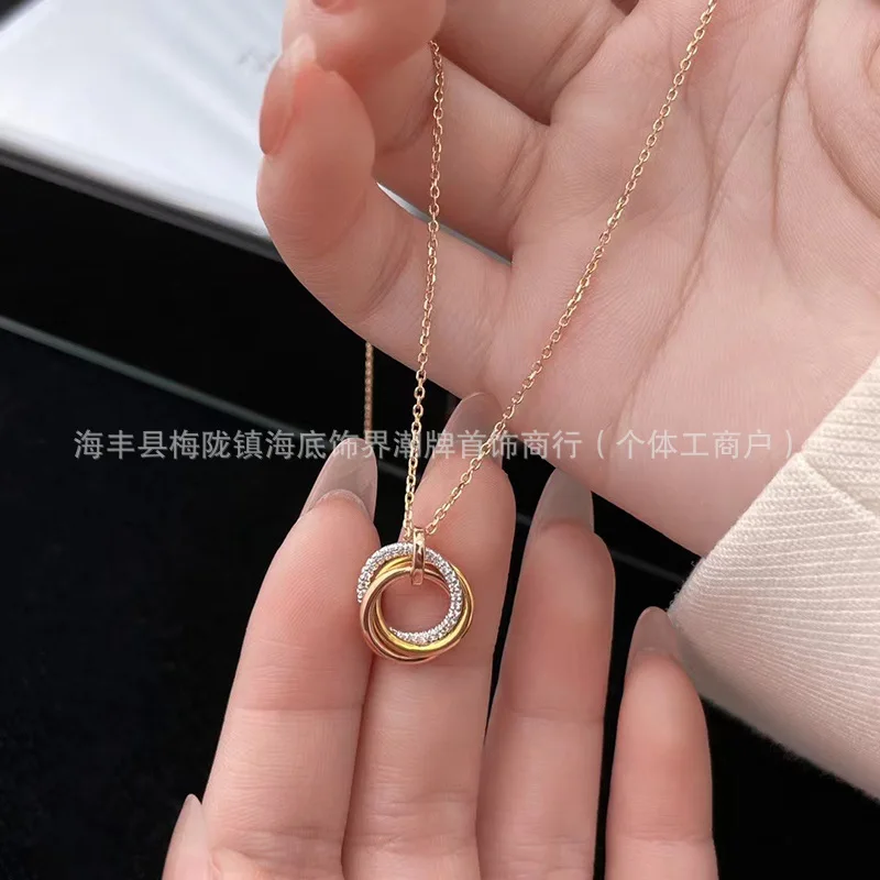 Three Color Three Ring Necklace, Classic Interlocking Pendant, Trendy High Version, Unisex Couple Collarbone Chain