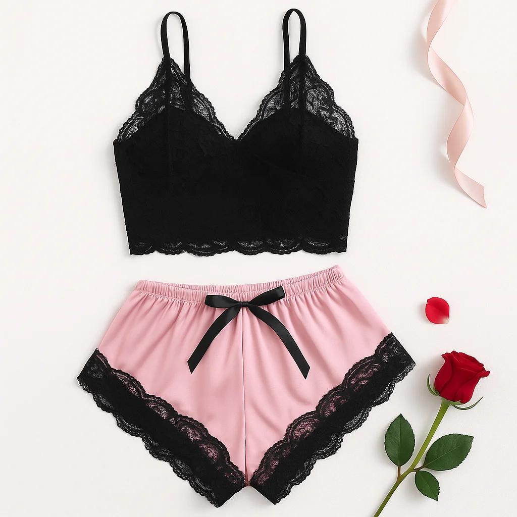 2PCS Women's Satin Pajama Set Lace Cami Top And Shorts Sexy Lingerie Sleepwear Summer Breathable Nightwear Black And Pink_ecoleips.com