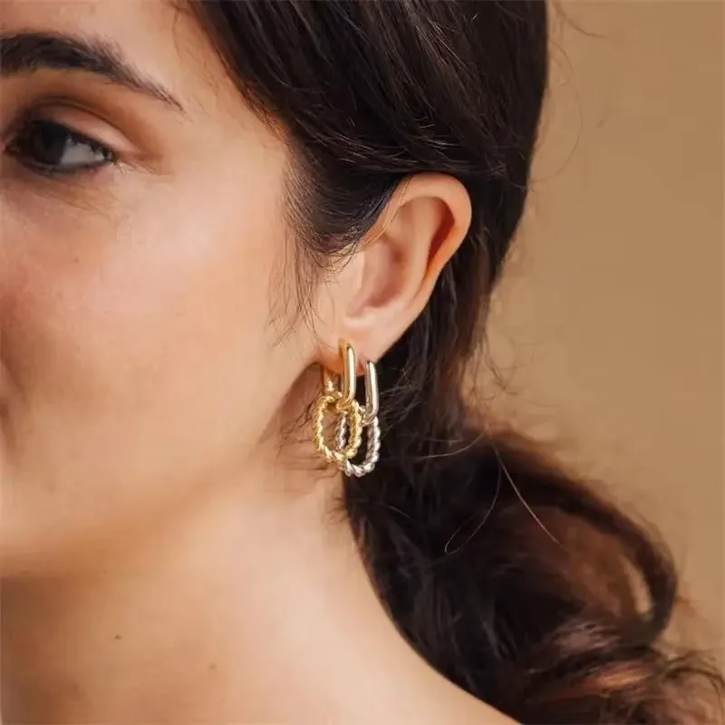 Stainless Steel Vintage Double Circle Round Zircon Dangle Earrings Gold Plated Twist Huggie Hoops Ear Buckle Exquisite Jewelry