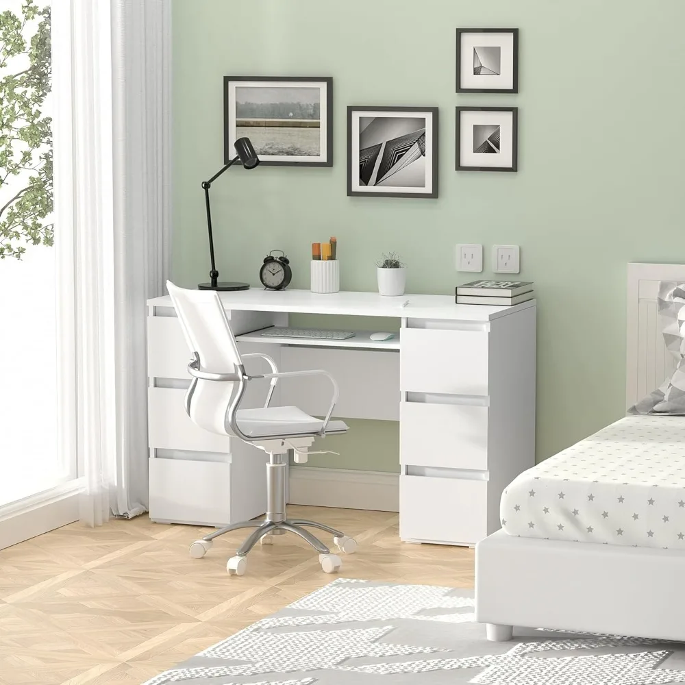 Computer Desk with 6 Drawers, 47 Inch Writing Wood Desk with Drawers PC Laptop Vanity Makeup Desk, Work Study Table Desk White 3