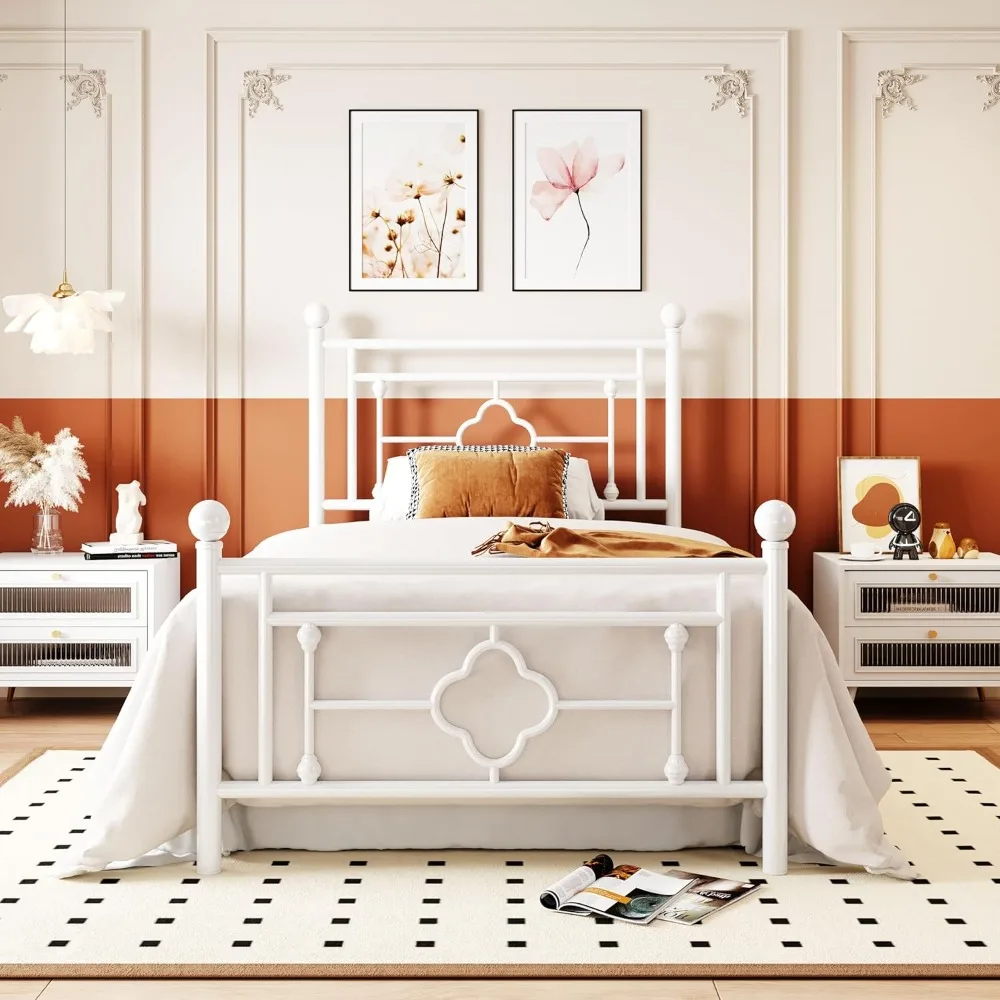Twin Size Metal Platform Bed Frame with Victorian Vintage Headboard and Footboard Mattress Foundation Under Bed Storage
