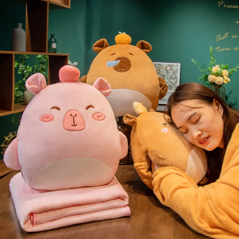 40x40cm Kawaii Capybara Plush Pillow with Holes with Blanket Warm Hands Brown Orange Duck Pink Apple Cushion Plushie Decor Gift 2