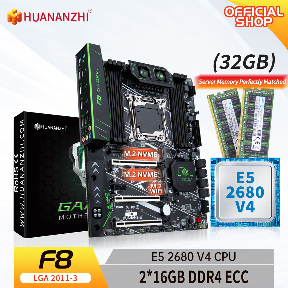 HUANANZHI X99 F8 LGA 2011-3 XEON X99 Motherboard with Intel E5 2680 V4 with 2*16G DDR4 RECC memory combo kit set NVME SATA