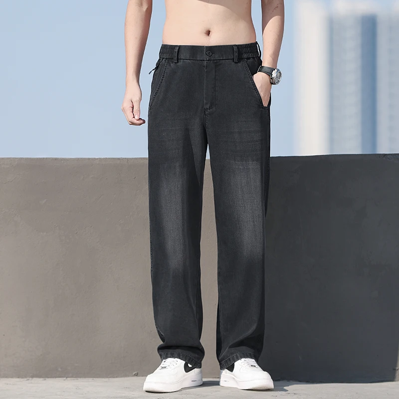 Mens Lyocell Loose Straight Wide Leg Denim Jeans 2025 Summer Autumn Thin Breathable Stretch Waist Casual Pants Plus Size 38 mens lyocell jeans