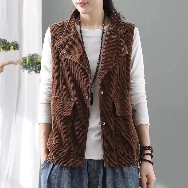 Double Layer Corduroy Cardigan Vest women's Jacket 2023 Autumn New 5XL