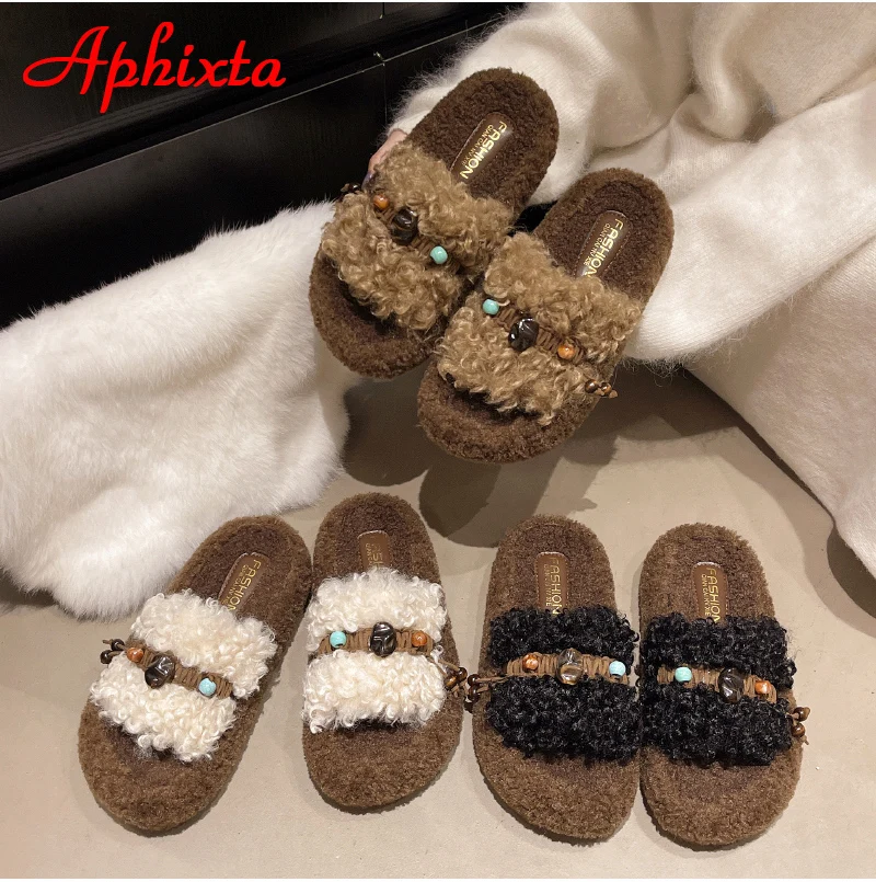 Aphixta Platform String Bead Women Warm Cotton Fur Slippers 4.5cm Flat With Teddy With Curly Fur Open Toe Slip On Ladies Shoes