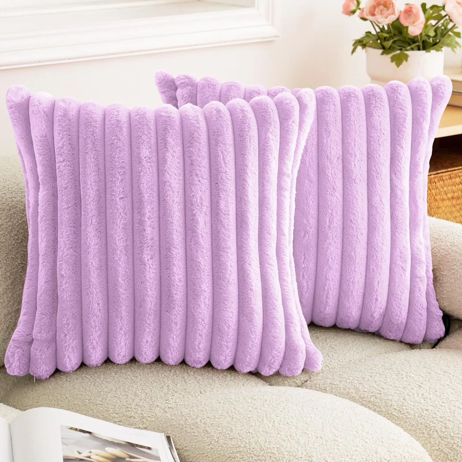 Luxurious Faux Rabbit Fur Striped Cushion Cover – Super Soft Solid Color (24×24 inch)