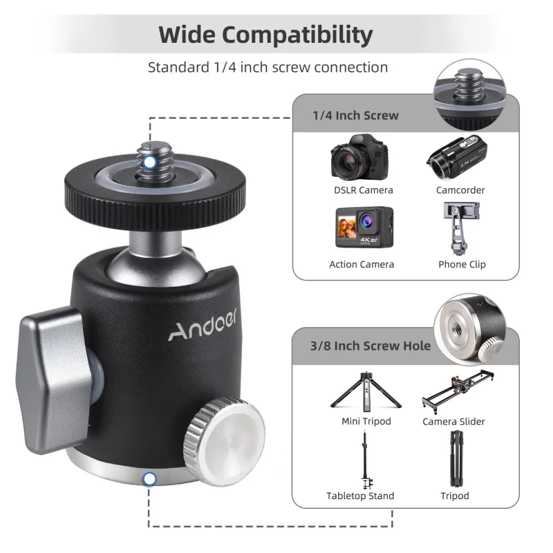 Andoer Mini Ball Head Tripod Ballhead Mount Adapter Aluminum Alloy 1/4 Inch Screw Connector with Bottom 1/4 Inch Thread 3kg Load