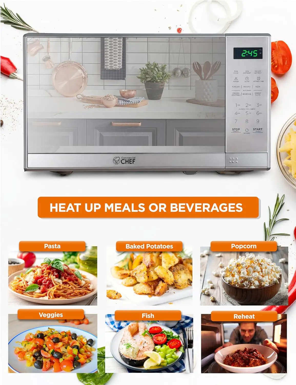 CHEF 0.7 Cu Ft Microwave with 10 Power Levels, 700W Microwave with Digital Display, Countertop Microwave with Child S 2