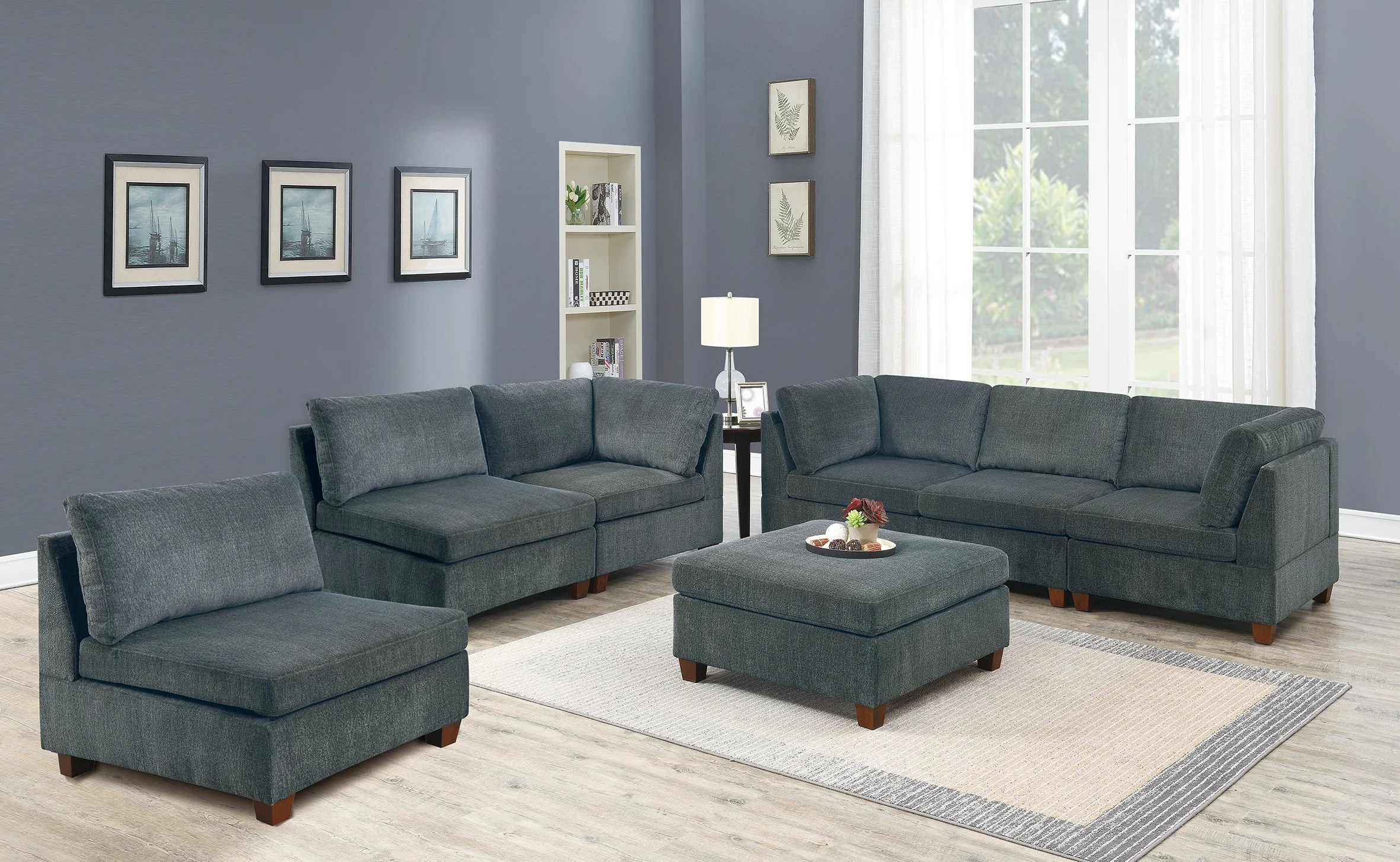 

Living Room Furniture Gray Chenille Modular Sectional 7pc Set Modular Sofa Set Couch 3x Corner Wedge 3x Armless Chairs and 1x Ot