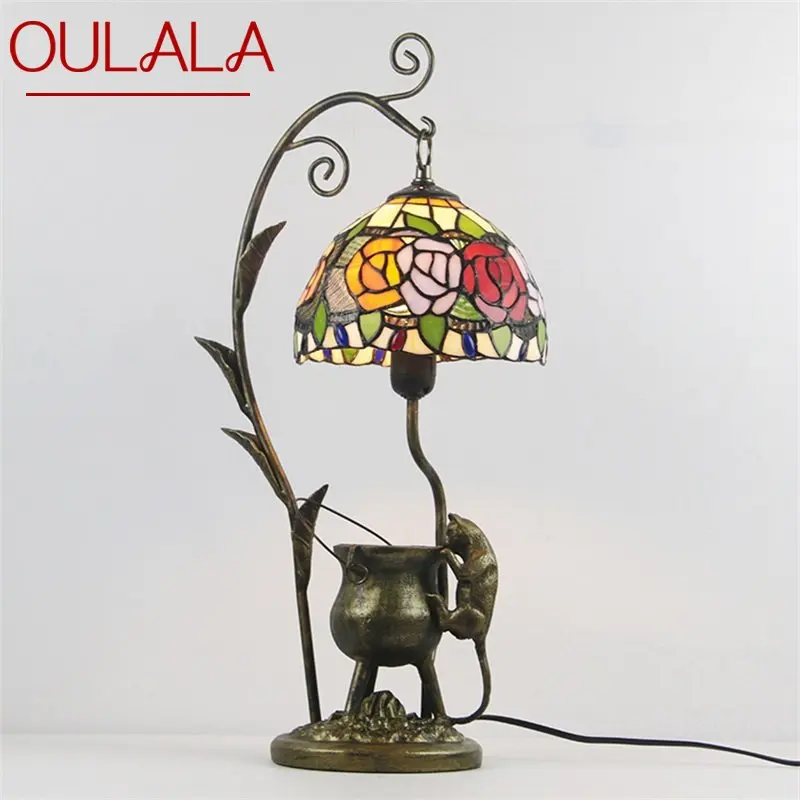 

OULALA Tiffany Glass Table Light LED Creative Resin Bedside Desk Lamp Flower Shape Lampshade For Home Living Room Bedroom