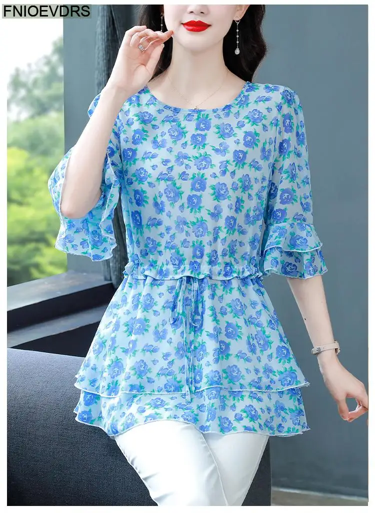 S-4XL Loose Clothes 2023 Women Summer Short Sleeve Elegant Ruffles Shirts Casual Chiffon Floral Tunic Peplum Tops And Blouses
