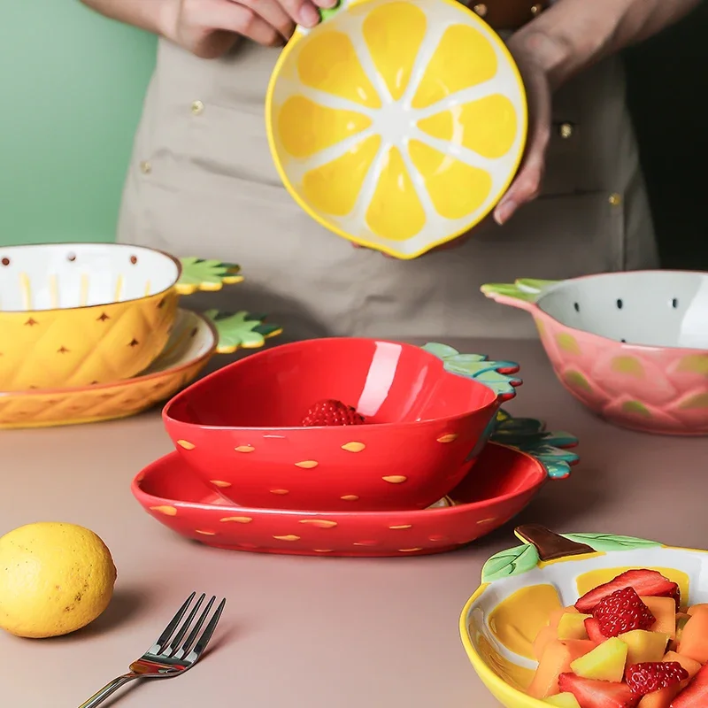 Fruit Kids Dinner Plate Home Cartoon Cute Ceramic Grid Dinner Plate Special-shaped Fruit Porcelain Bowl Kitchen Dishes Tableware