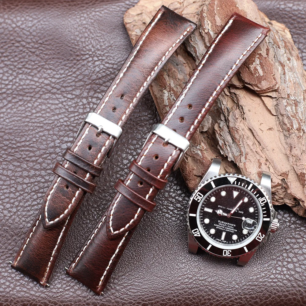 20MM 22MM Red Brown Deep Coffee Cow Leather Half Arched Top Layer Cowhide Watch Strap