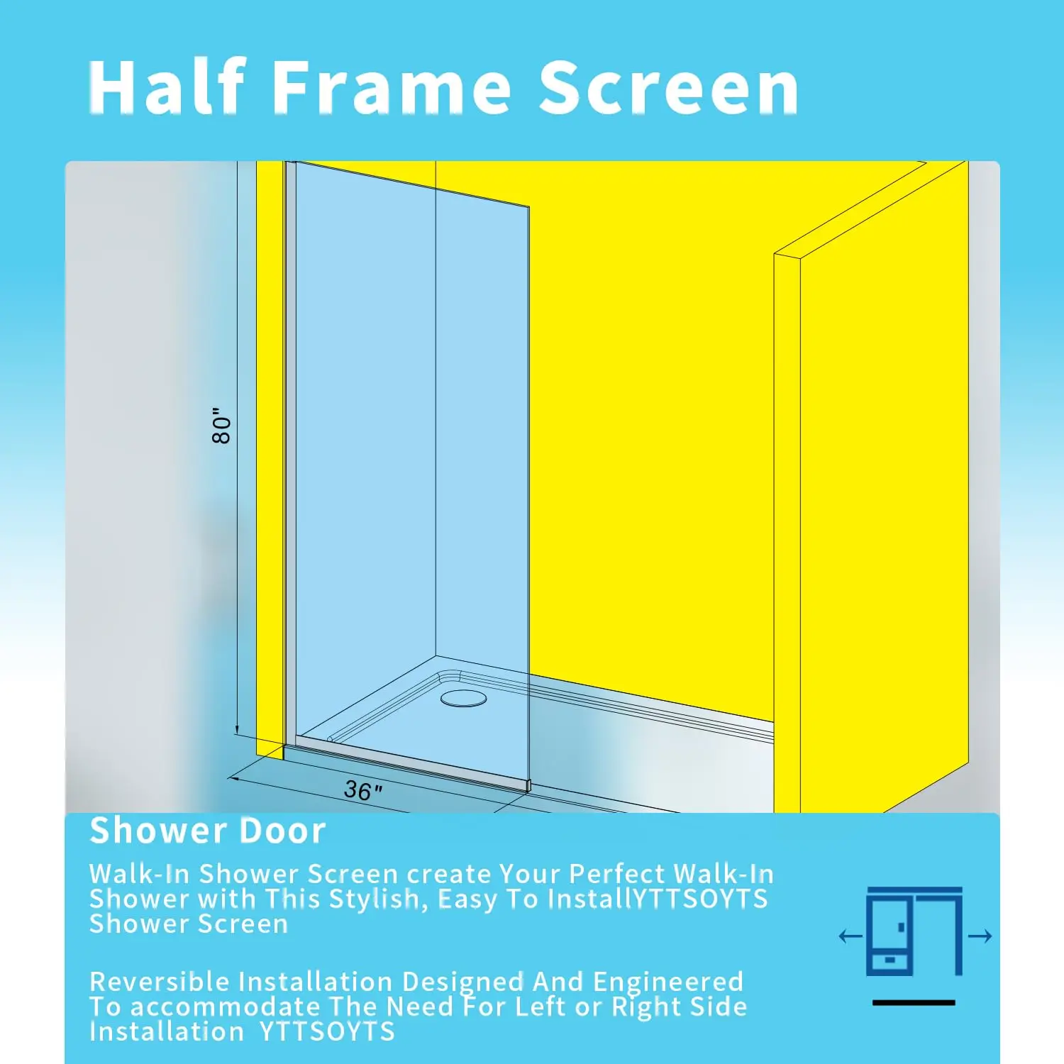 Shower Screen 36 in. W x 80 in. H, Shower Panel 80 inches Tempered Glass 3/8 inch, Easy to clean Coating-Chrome-501