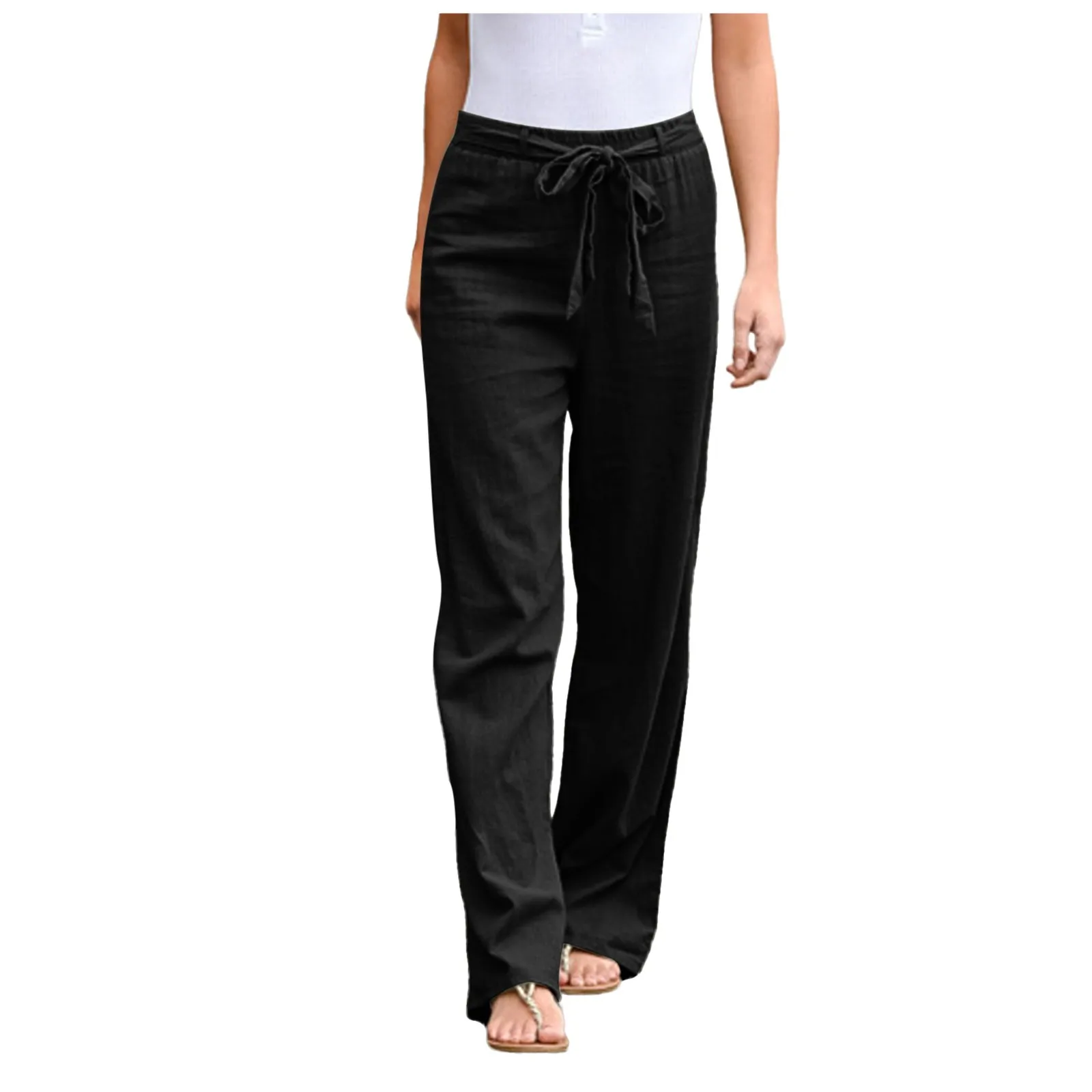 

Women Vintage Cotton and Linen Wide Lege Pants Casual Solid Lace Up Elastic Waist Trousers Summer Streetwear Harajuku Loose Pant