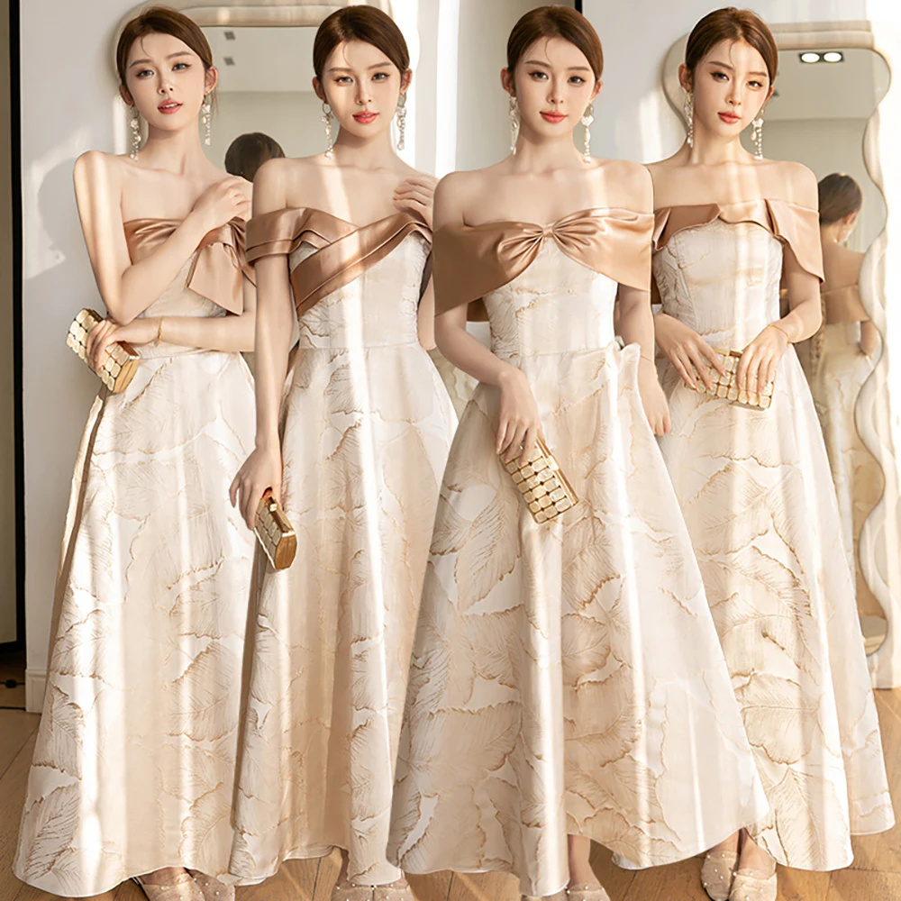 

Luxury Women Evening Dresses Banquet Elegant Lady Champagne Satin Jacquard Bridesmaid Dress Off The Shoulder Party Dress 2024New