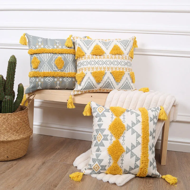 Moroccan Print Embroidery Cushion Cover Yellow Grey Boho Ethnic ...