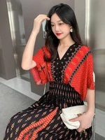 Summer 2025 Cotton Silk Floral Print V-Ne A-Line Dr Batwing Sve High Waist Beach Long Fairy T Gown Women's Faion