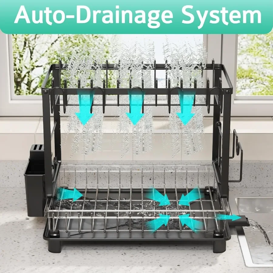 Multifunctional Dish Drying Rack Rustproof 2Tier Dish Racks with Drainboard SpaceSaving Design Utensil Cup Holder for Kitchen C