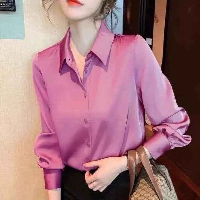 Brand Quality Luxury Women Shirt Elegant Office Button Up Long Sleeve Shirts Momi Silk Crepe Satin Blouses Business Ladies Top rose