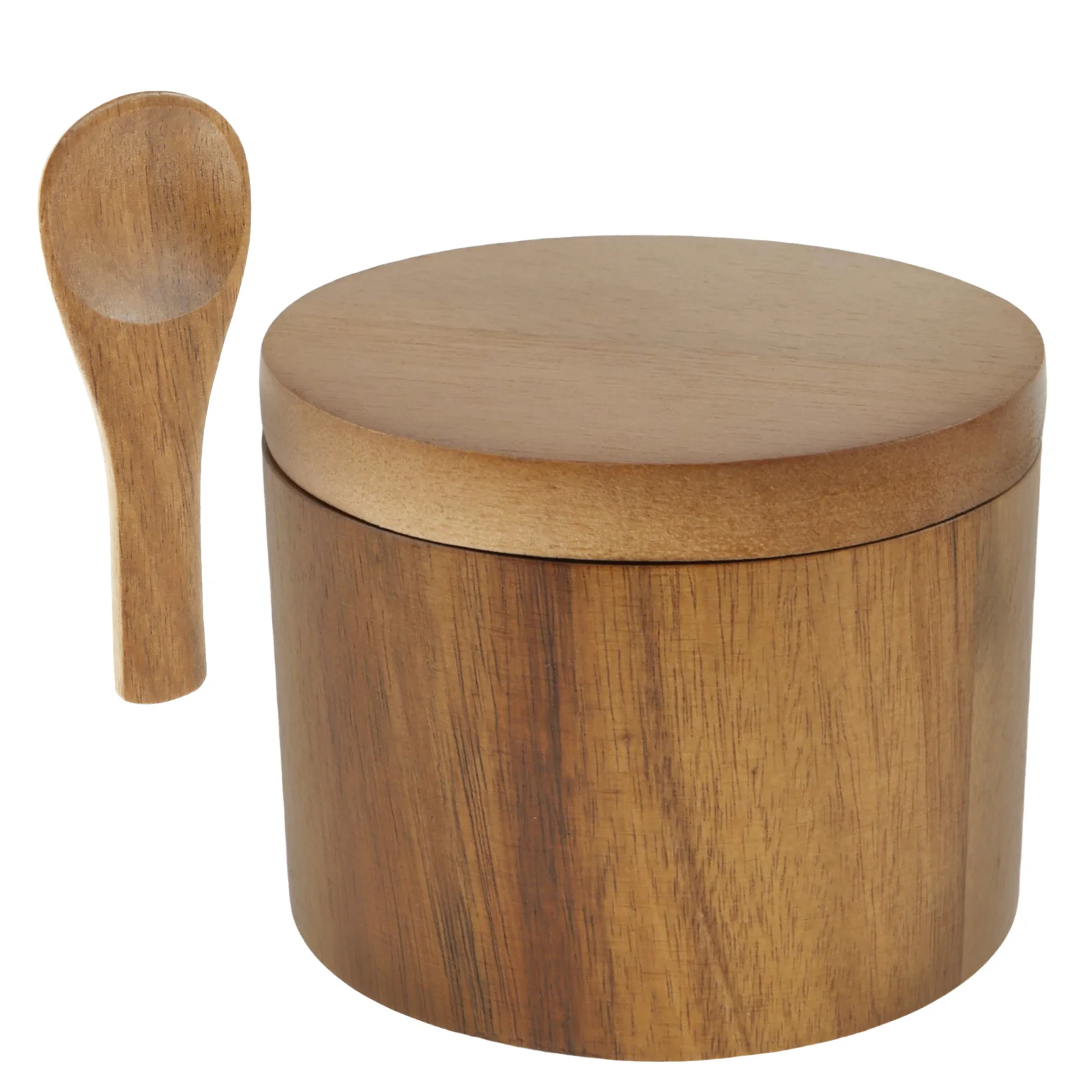 1 or 2 Compartments Acacia Wood Salt Bowl with Built in Spoon and Magnetic Swivel Lid Round Salt Cellar Kitchen Holder