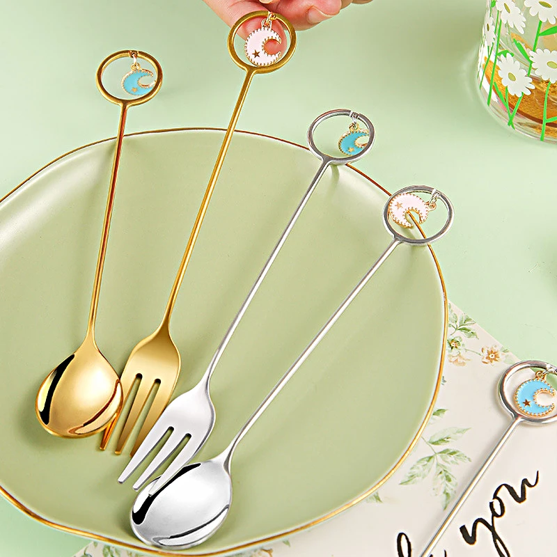 

1 шт. ИД Мубарак Звезда Луна ложка вилка из нержавеющей стали луна кулон десерт кофейные ложки фрукты вилки мусульманская посуда