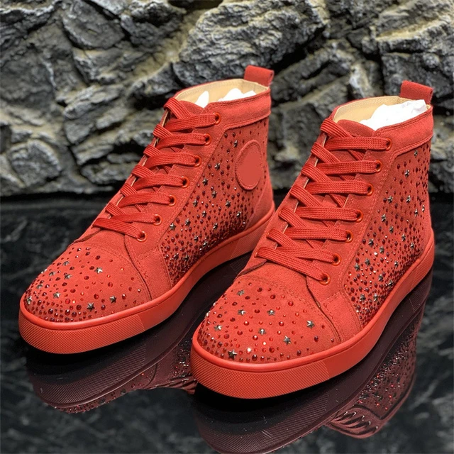 Luxury Brand Diamond Crystal Leather Red Bottoms Low Top Shoes For Men's  Casual Flats Loafers Women's Rhinestone Tennis Sneakers - AliExpress