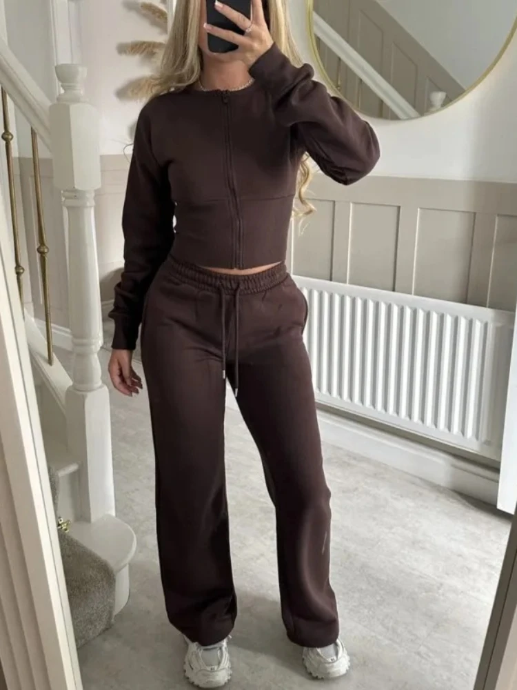 Women's Casual Sports Two-piece Set Autumn And Winter New Fashion Long-sleeved Zipper Cardigan Slim Top With Straight Pants Suit 2