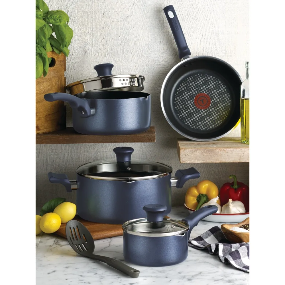 

Cookware set, 14 piece non stick pot set, recycled aluminum body, blue, flat bottomed cookware, various types of cookware