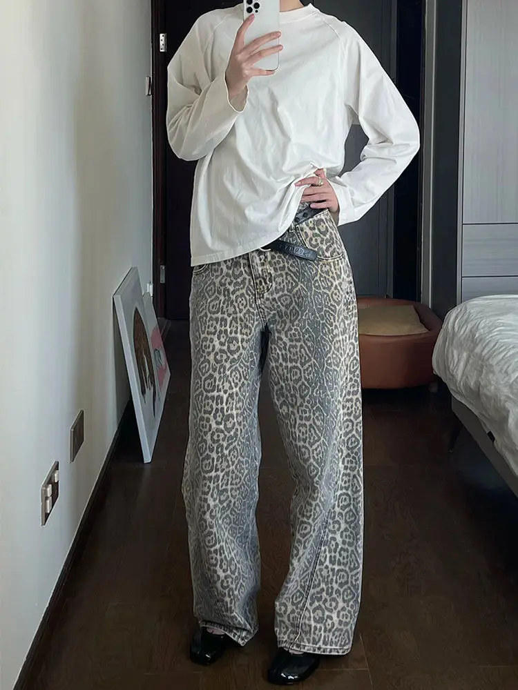 

QWEEK Vintage Leopard Print Jeans Women Baggy High Waist Y2k Streetwear Hip Hop Wide Leg Pants Harajuku Casual Denim Trousers