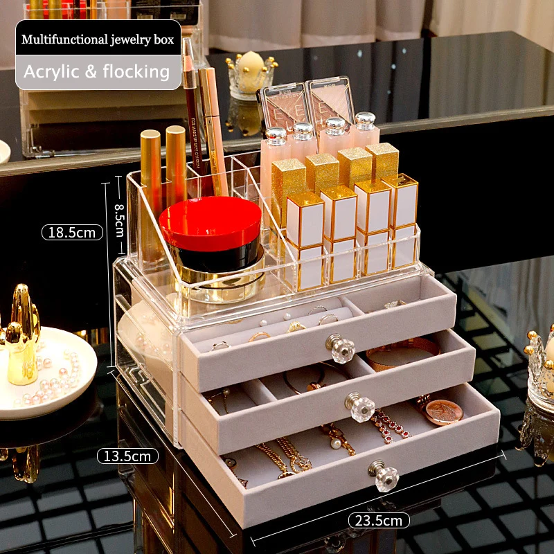 

Clear Acrylic Jewelry Box Women Jewellery Container Organizer Case with 3 Velvet Drawers for Earring Rings Necklaces Bracelets