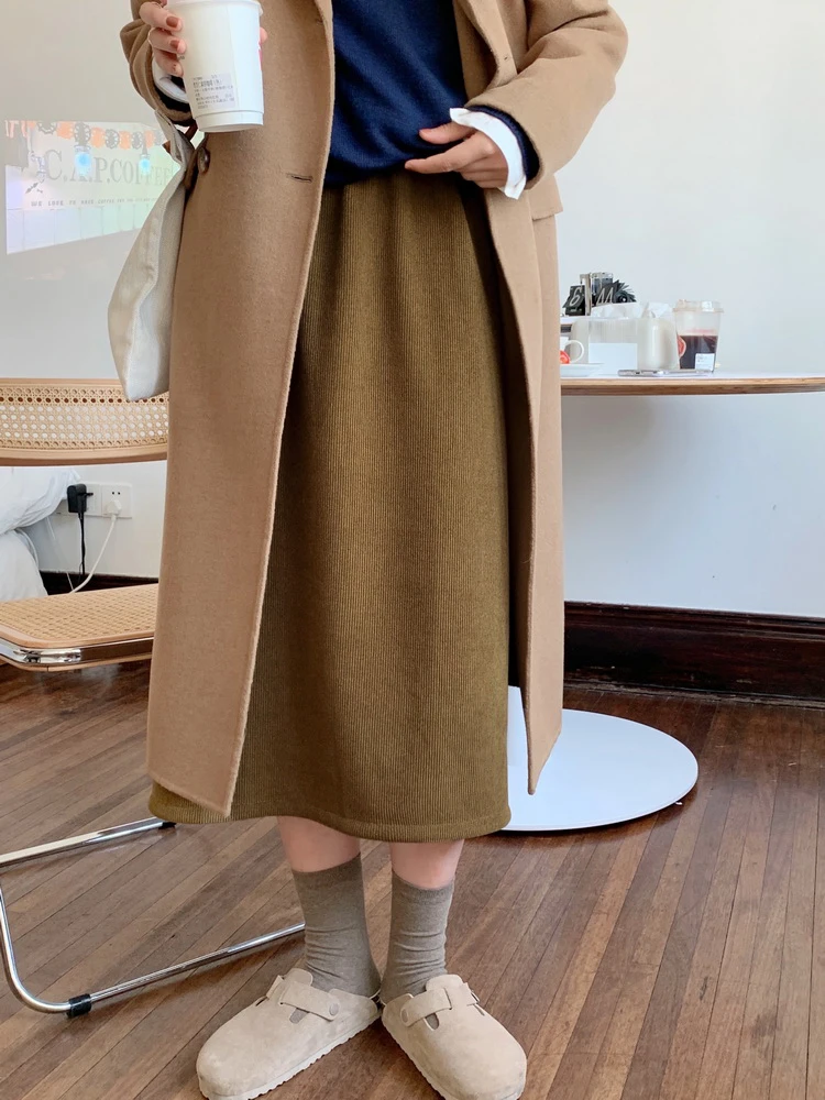 Vintage Corduroy Split Skirts Women Casual Velvet Thick Loose High