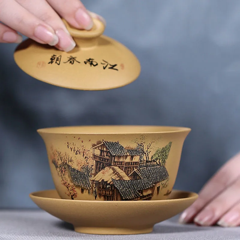 150ml Classic Chinese Raw Ore Old Duan Mud Hand Painted Jiangnan Landscape Purple Clay Sancai Gaiwan Kungfu Tea Bowl Drinkware