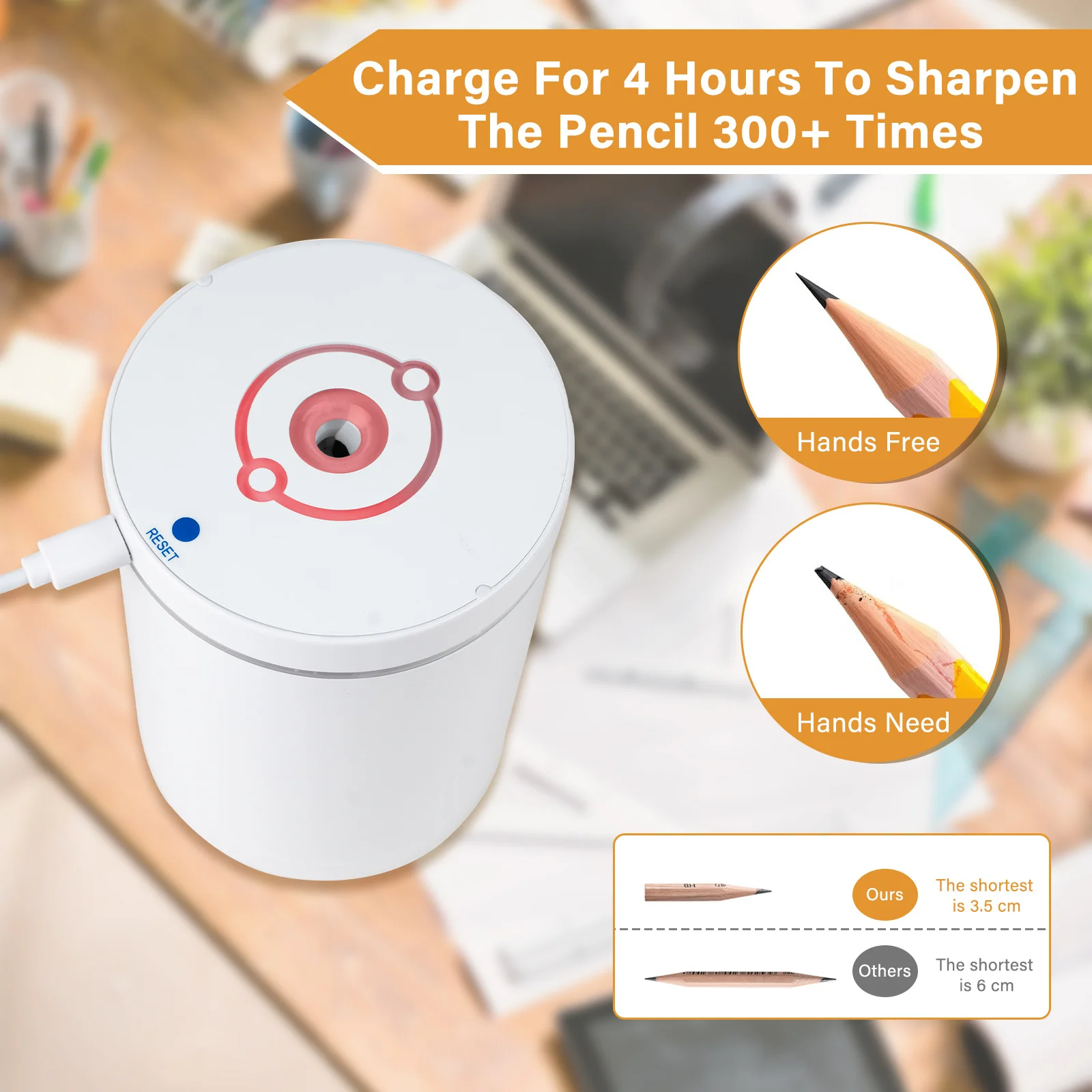흰색 휴대용 자동 연필깎이, 6-8mm 연필과 호환 가능, 자동 공급 메커니즘, 오래 지속되는 배터리 수명