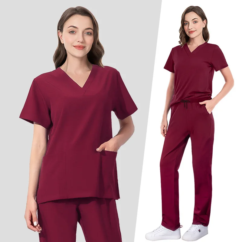 

Stretch Quick-drying Surgical Short Sleeve Tops+Pants Set Hospital Nurse Uniforms Beauty Salon Workwear V-neck Split Hand Gown