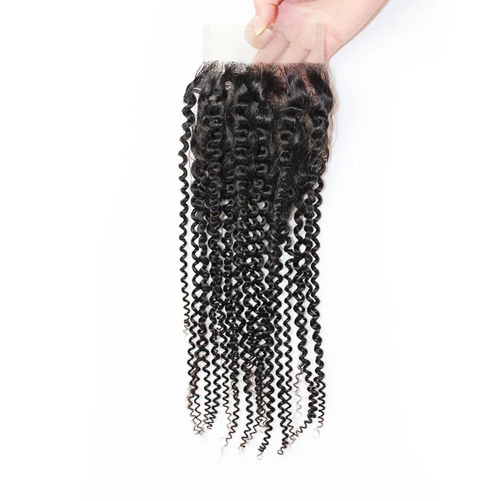 Kinky Curly 4x4 Lace Closure Remy Indian Human Hair Hand-tied Top Closures 150 Density Natural Color Hair Extension