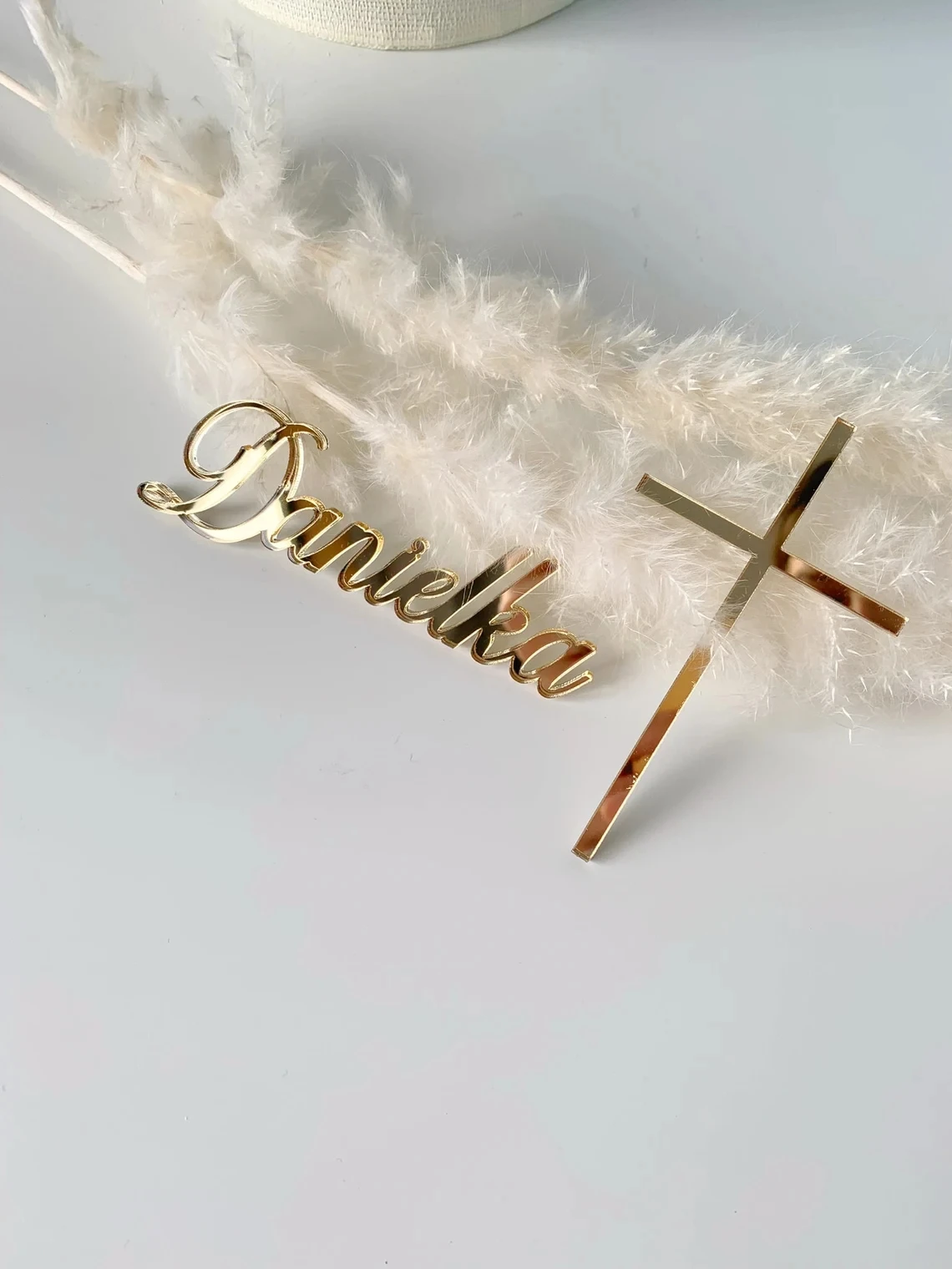 

Acrylic name and cross cake charm, Acrylic personalized baptism topper, gold baptism cake charm, christening cake decor, custom