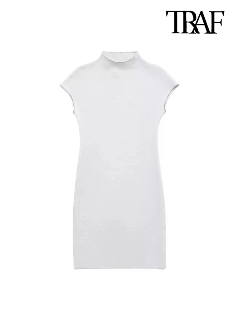 TRAF Women Fashion Stretch Knit Mini Dress Vintage High Neck Sleeveless Female Dresses Vestidos Mujer 4
