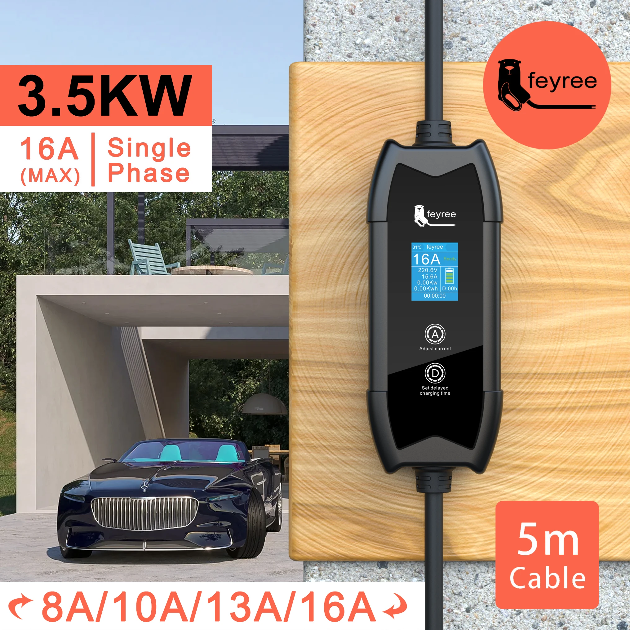 

Feyree EV Charger Type 2 16A 3.5kW GBT Electric Car 5M Charging Cable J1772 Type 1 Wallbox for Electric Vehicle Car
