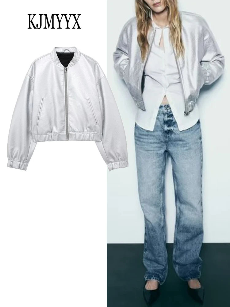 

KJMYYX Autumn Women's Fashion Loose Bomber Jackets For Women Vintage Silvery Short Jacket Coat Woman Long Sleeve Casual Tops