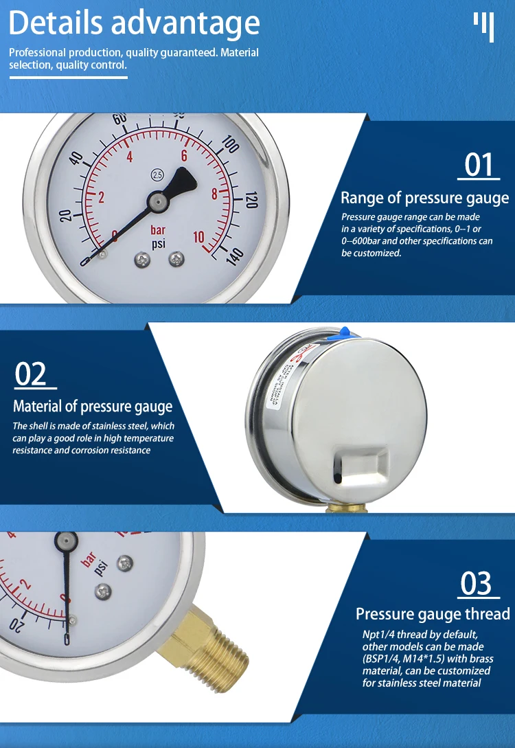 Liquid filling Water Oil Gas Pressure Gauges 63mm (2.5inch) -1-0-1000bar bottom connection for Vacuum Manometer