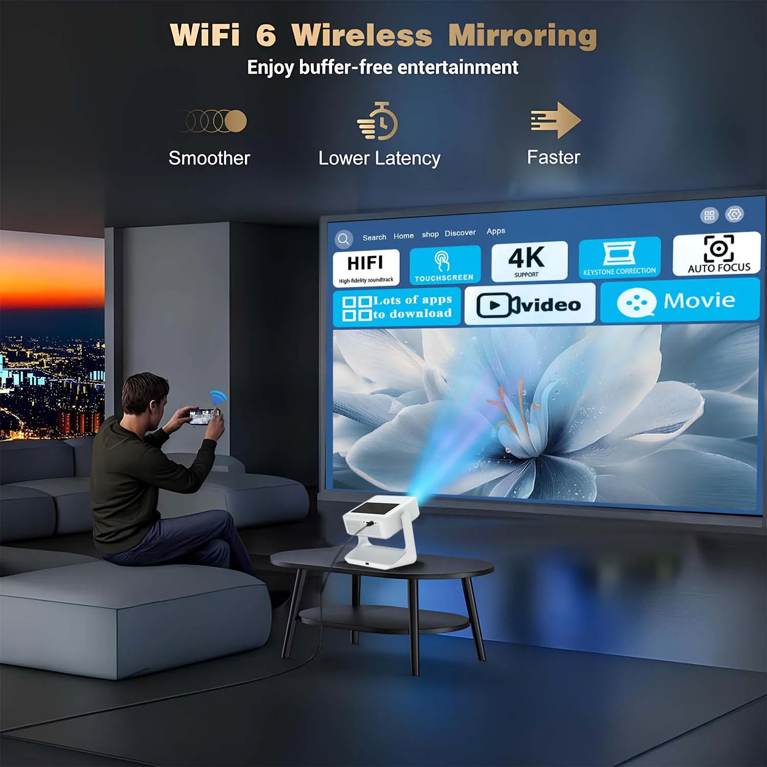 프로젝터 4K HD, 8인치 터치, WiFi 블루투스, 듀얼 스크린, HDMI USB, 미니 홈시어터 게임
