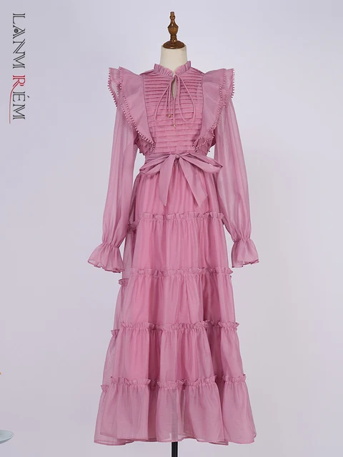 LANMREM Lace Collar French Vintage Long Sleeve Dress With Layered Pleats Hem Temperament. Bandage Stand Collar Loose Dresses