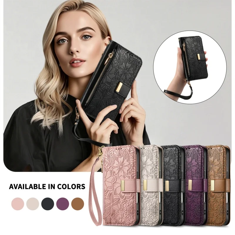 Floral Leaf Design Flip Leather Phone Case with Wrist Strap and Zipper Wallet