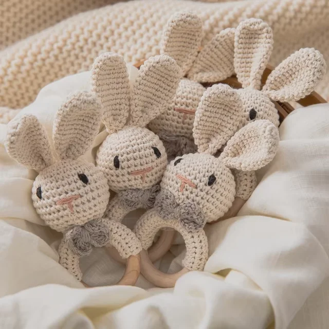 Hochet en Crochet pour bébé, jouet de dentition en bois sans BPA, rongeur en bois, lapin, jeu Mobile, gymnastique, jouets musicaux éducatifs pour nouveau-né 3